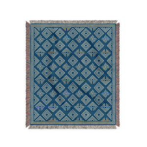 “Etched Ritual” Abstract Pattern Throw Blanket (Blue / White / Ochre)